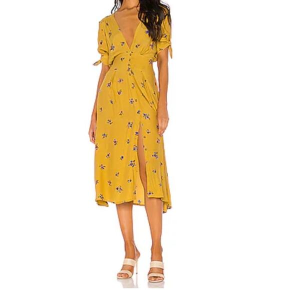 Faithfull the Brand dress Billie midi floral mustard size 4 Small S - Picture 1 of 7